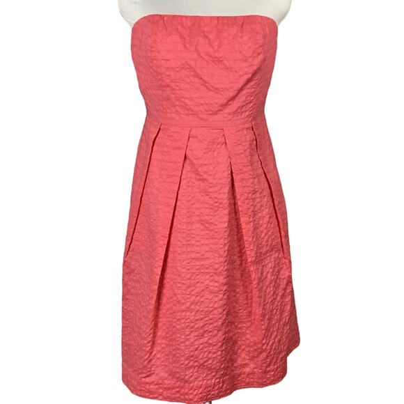 J. Crew Lorelei Coral Pink Deco Dot Matelasse Strapless Fit and Flare Dress sz 8 - Picture 2 of 10